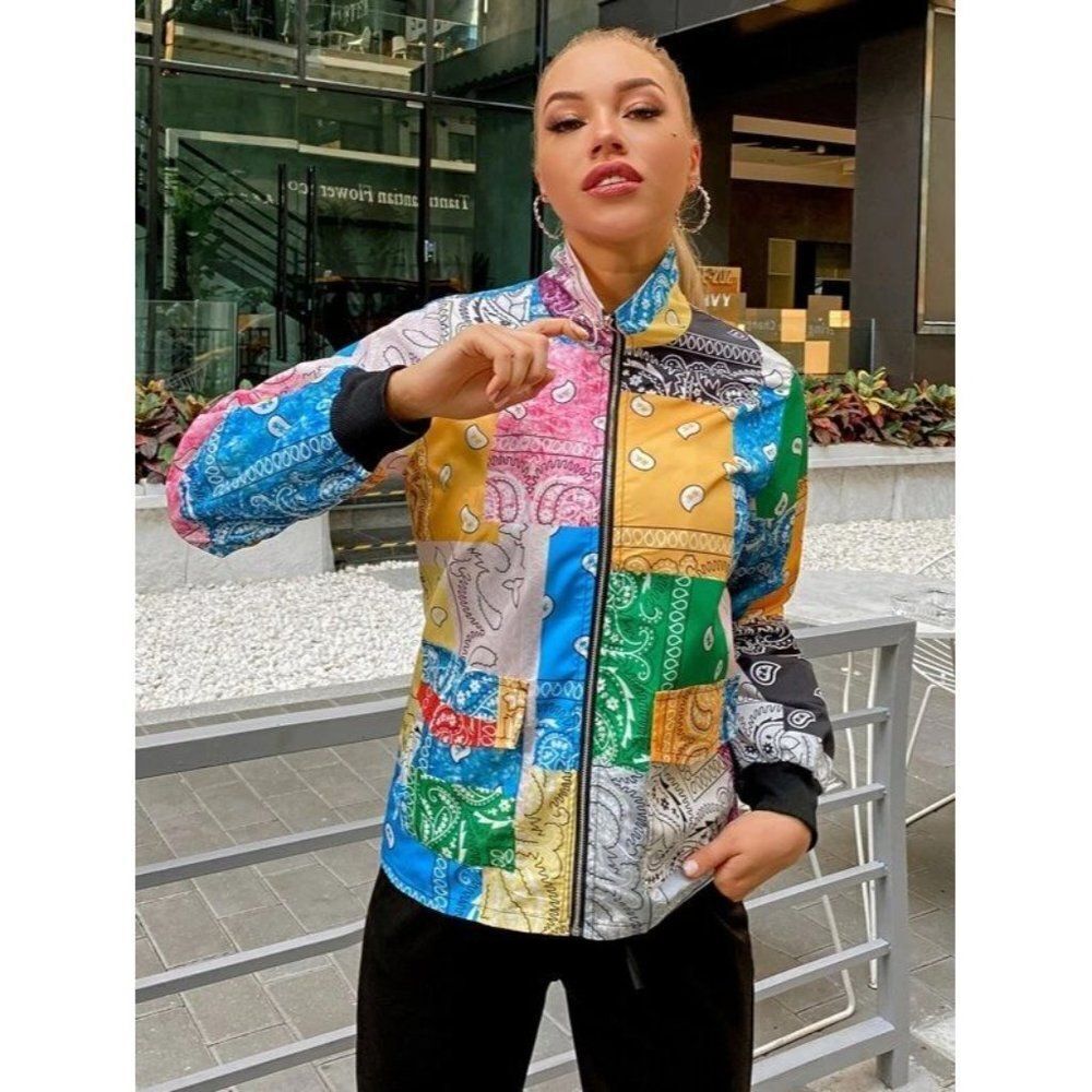 Shein Womens Rainbow Bandana Print Mock Neck Pockets Full Zip Rain Jacket Size S